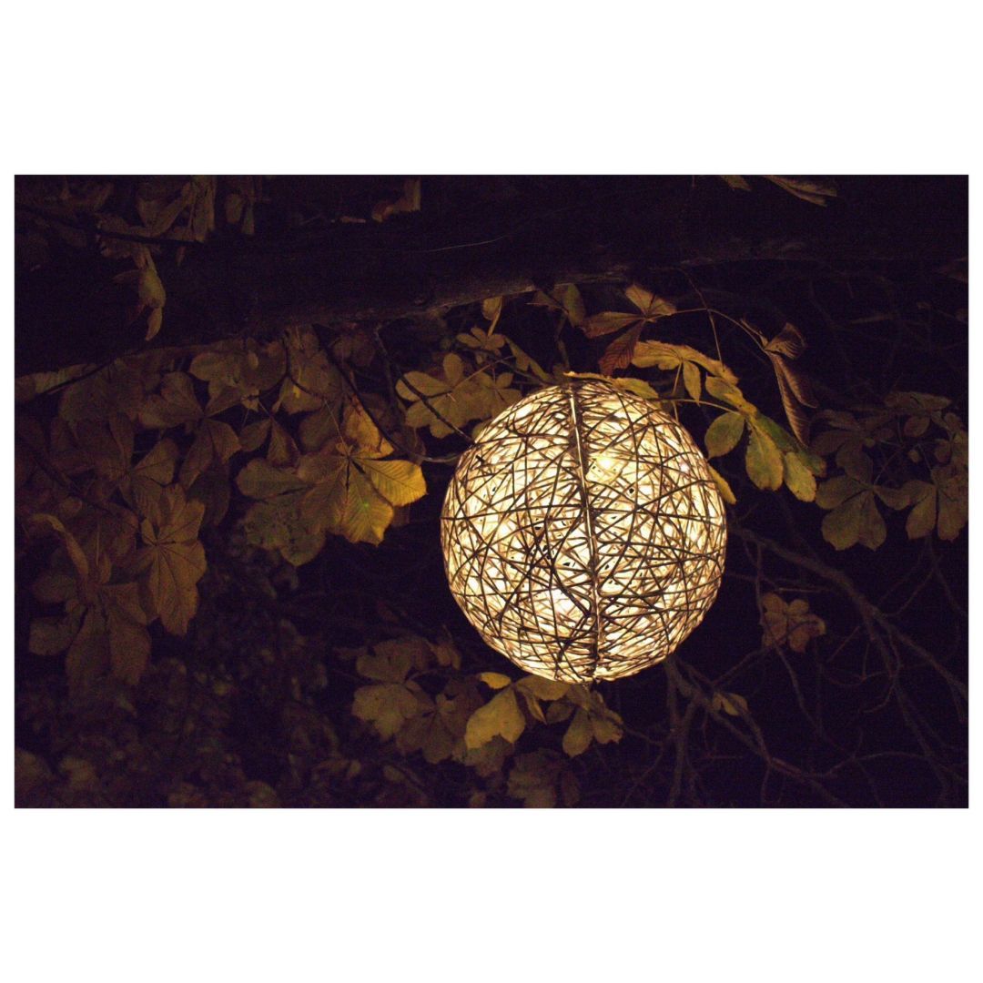 A string light shaped like a woven ball hangs from a tree branch, surrounded by autumn leaves in a dark background.