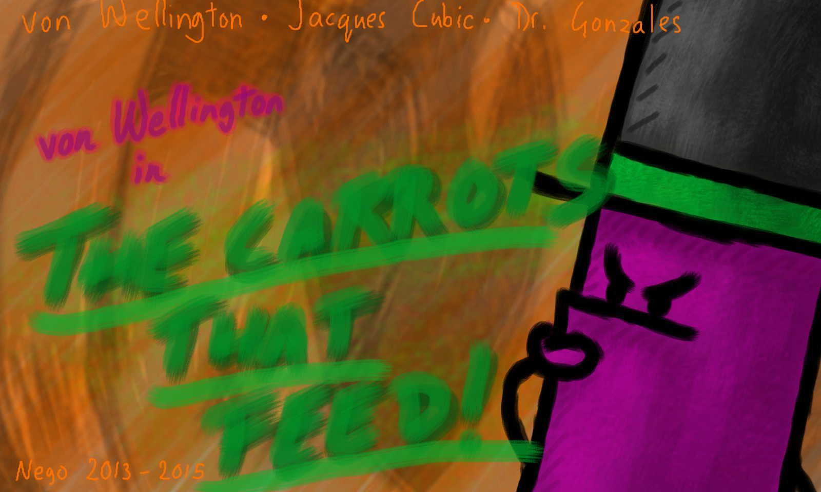 Cover page for Chapter 1. A purple cylinder in a black top hat with a green rim looks deep in thought.
Text:
Upper border: von Wellington * Jacques Cubic * Dr. Gonzales
Middle: von Wellington in
THE CARROTS THAT FEED!