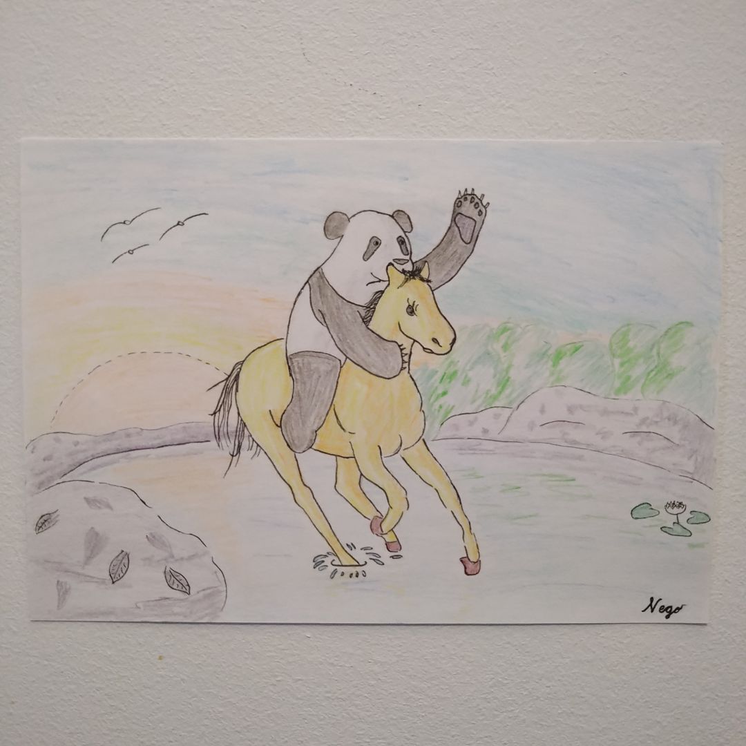 A colour pencil drawing of a panda riding a yellow horse through a lake bordered by grey bushes. There is a sunset in the background.