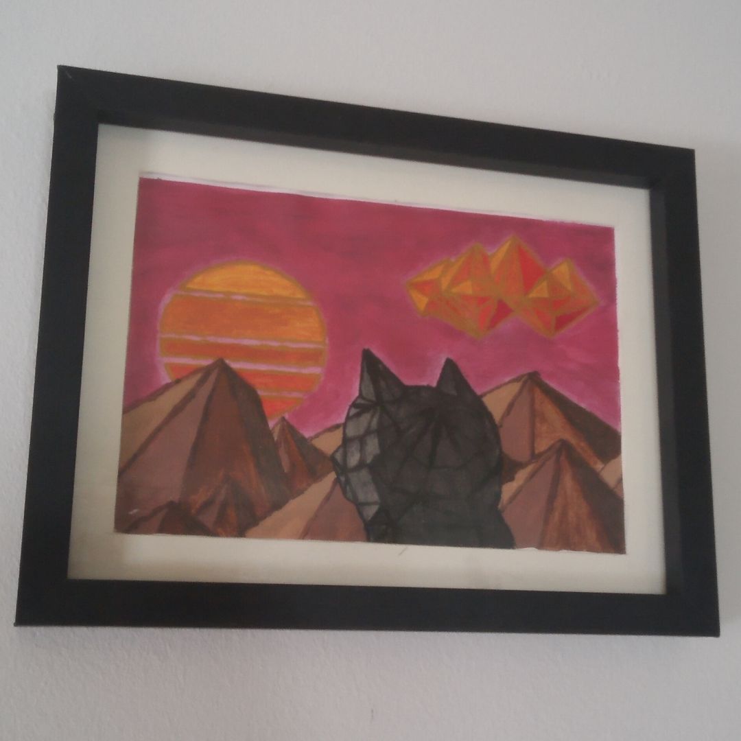 A photo of a framed painting on a white wall: a vaporwave inspired acrylic painting of a black wireframe cat looking at a sunset over brown wireframe mountains. There's a wireframe cloud in the magenta sky painted orange by the sunset.