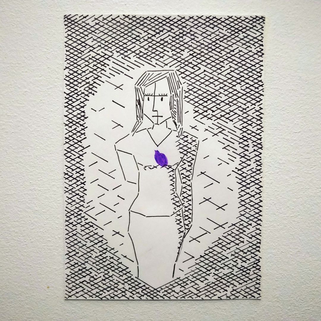 A photo of a line art drawing. A thick rectangular border frames an anatomical heart-shaped area in which is a vexed looking woman with a purple heart in her chest.