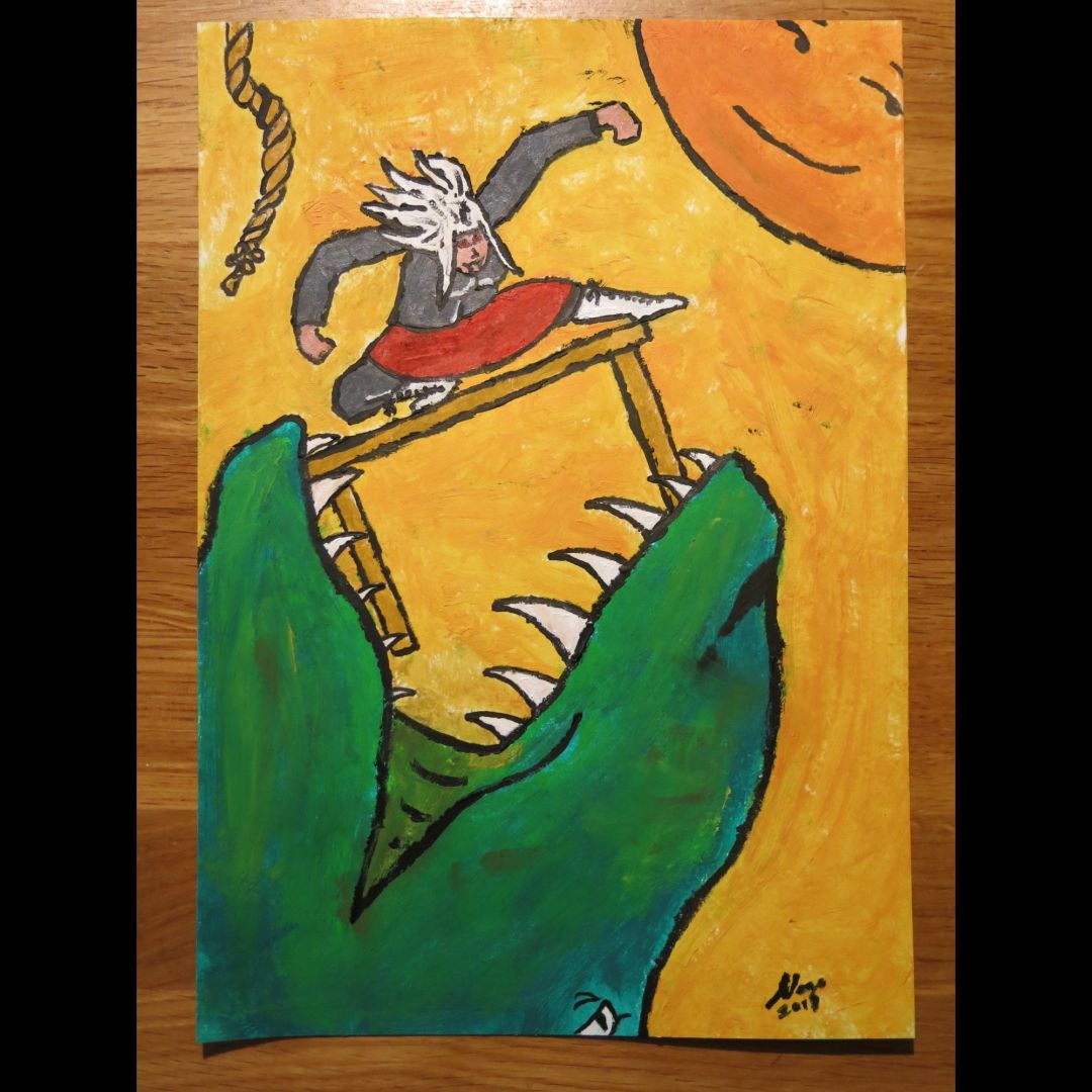 A painting in which a girl with white hair swings onto a table that is in between the jaws of a t-rex. Background is orange, and there's a huge sun smirking in the corner.