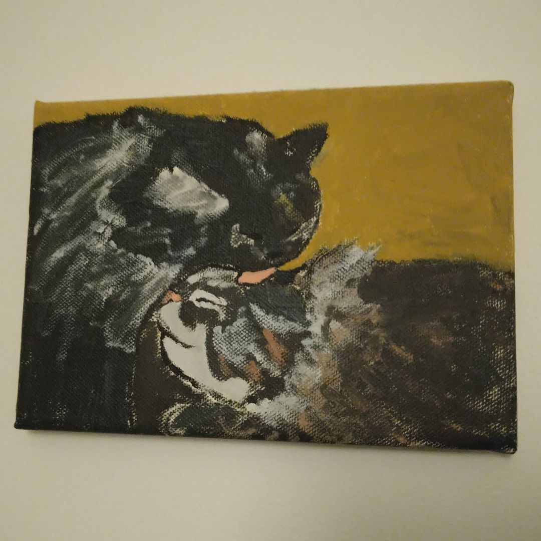 Acrylic painting on a canvas: a dark grey and white siberian cat licks the forehead of a lightet grey and white siberian cat. The background is yellow.