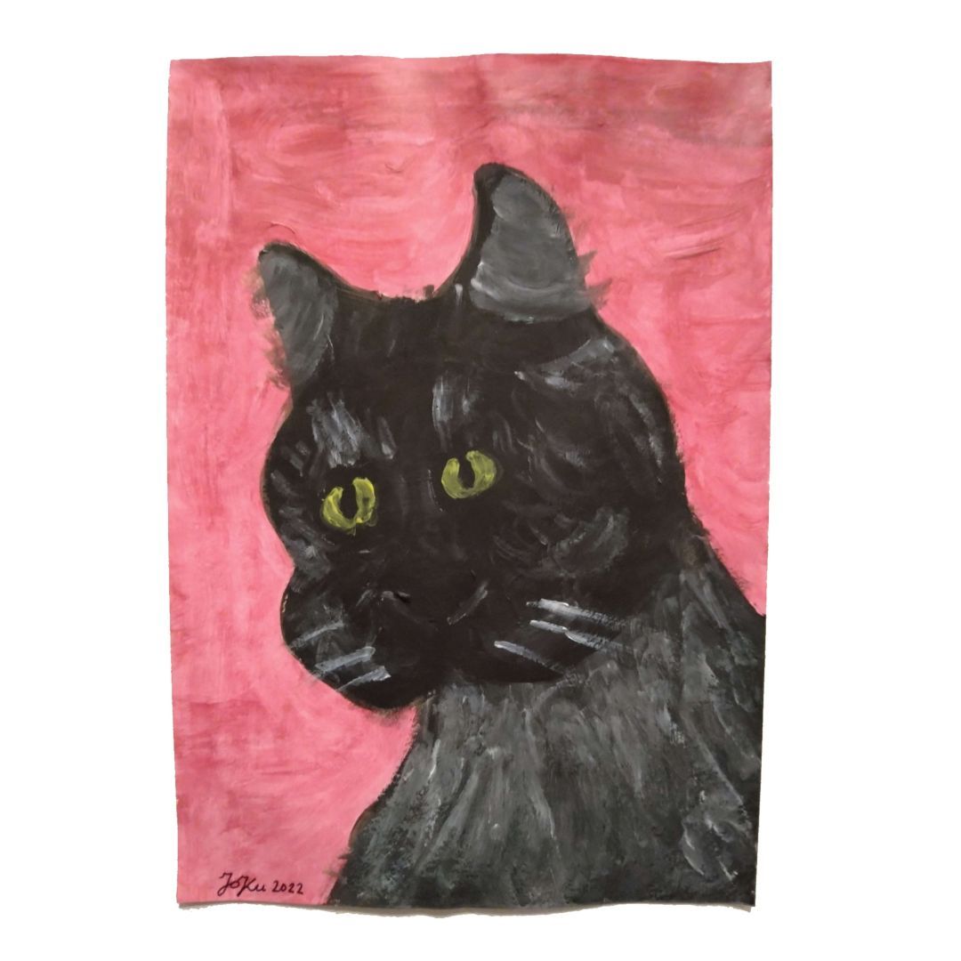 A photo of an acrylic painting depicting a dark grey siberian cat. The eyes are yellow and the background is dark pink.