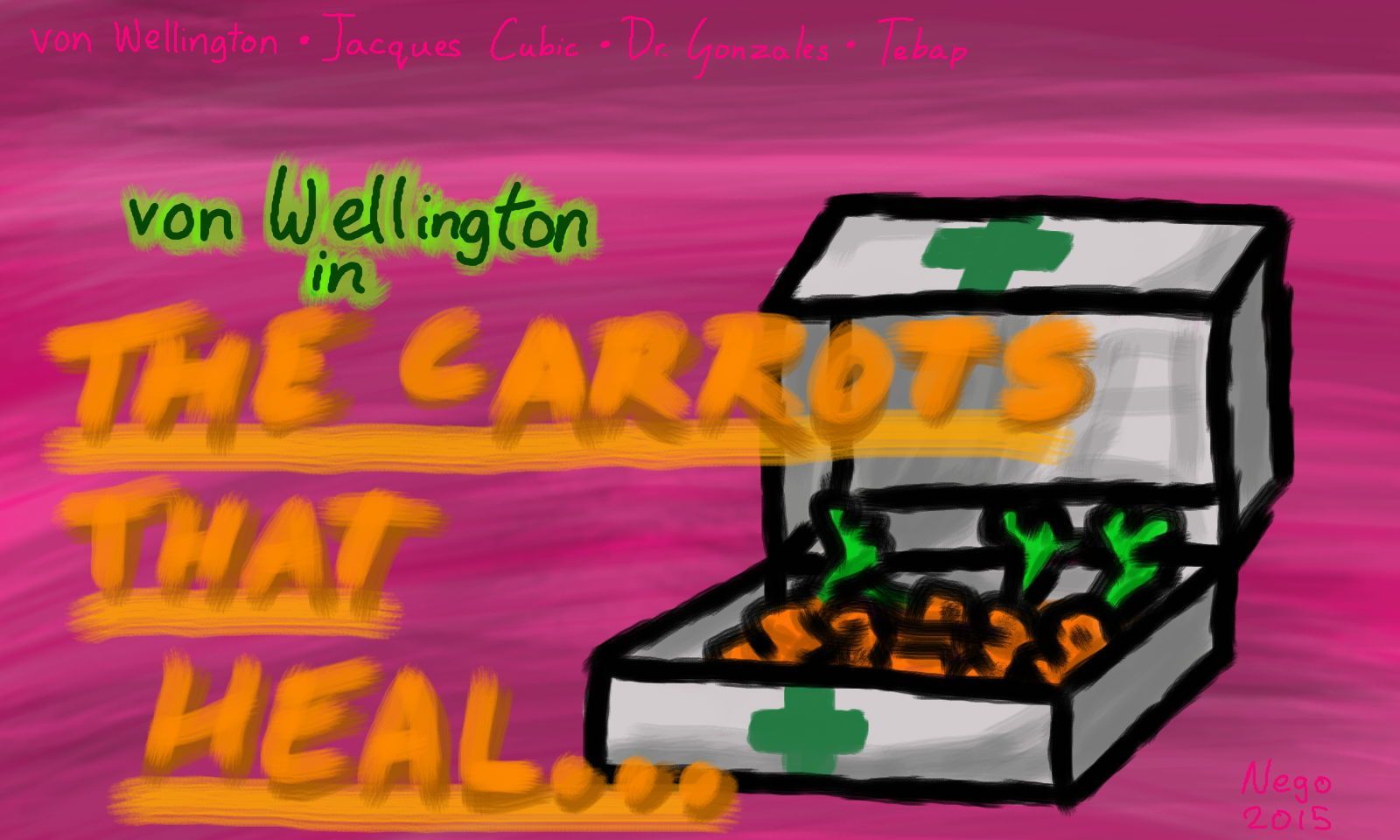 Cover page for Chapter 2. A white first-aid box with a green cross opened, revealing carrots inside, on a magenta background.
Text above: 