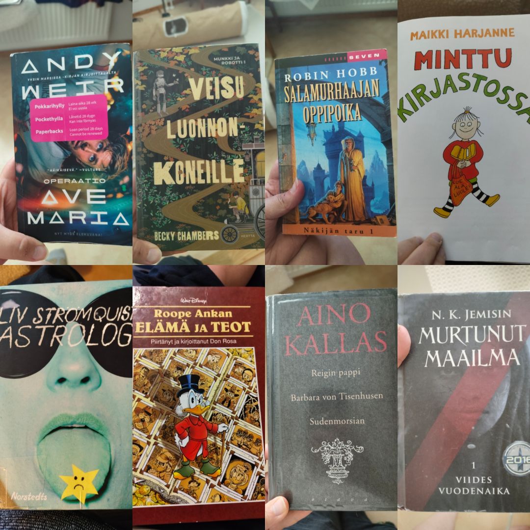 Kollaasi kahdeksan kirjan kannesta.
